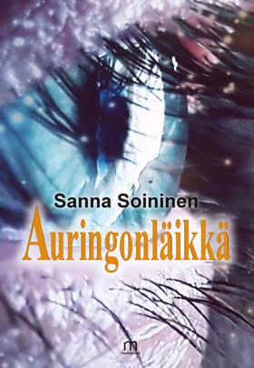Auringonläikkä-kirjan kansikuva, jossa on sininen silmä, johon heijastuu valoa. Kirjan kirjoittaja on Sanna Soininen.