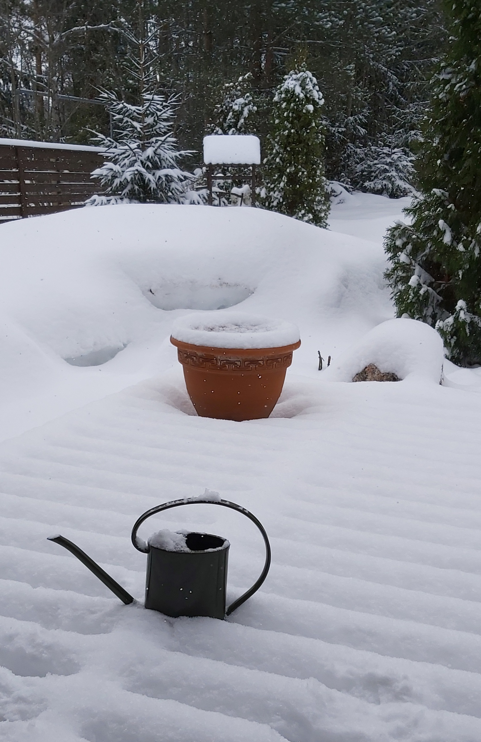 Luminen kukkaruukku ja kastelukannu lumisella terassilla.